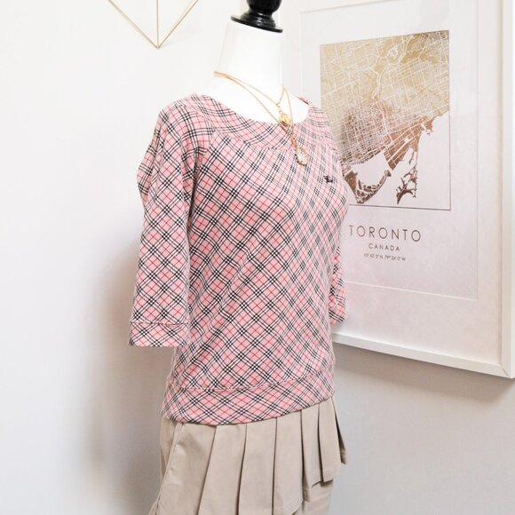 Pink Plaid Mid Sleeve Boatneck Sweater 🐎 BURBERRY BLUE LABEL - Picture 3 of 9